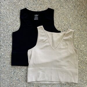 Women's V-Neck Ribbed Tank Top - Black and Cream